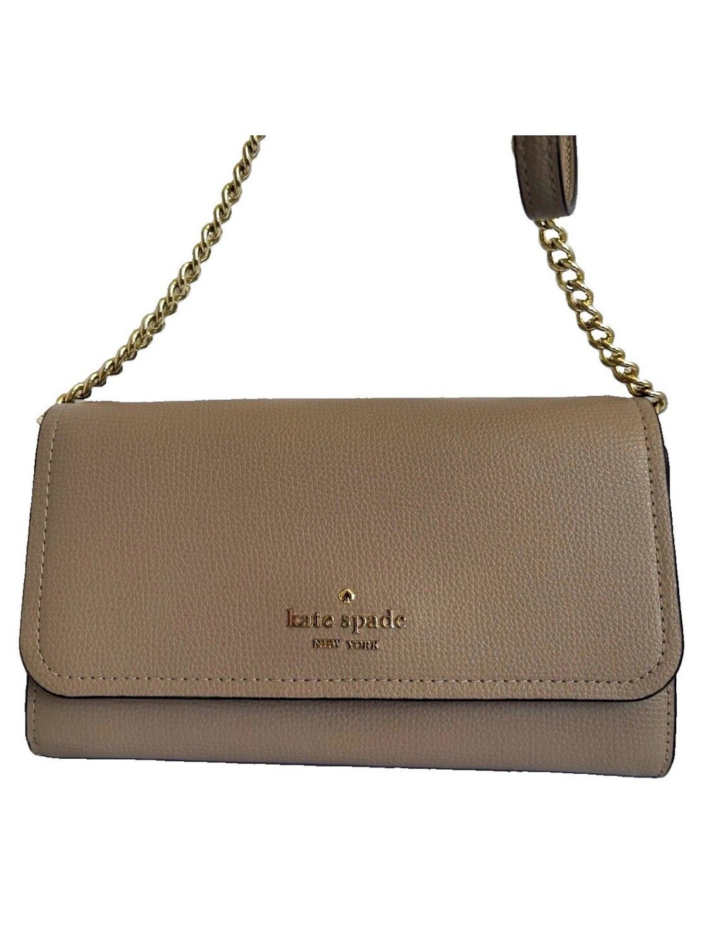 Kate Spade New York Beige Leather Logo Folding Wallet w/ Chain Strap